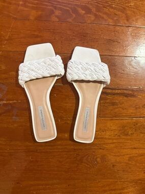 Saks Fifth Avenue White Braided Square-Toe Slide Sandals